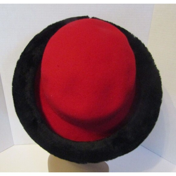 Kathy Jeanne Vintage Hat Brown 100% Wool Red Black Fur Trim Womens Made In USA - Picture 4 of 6